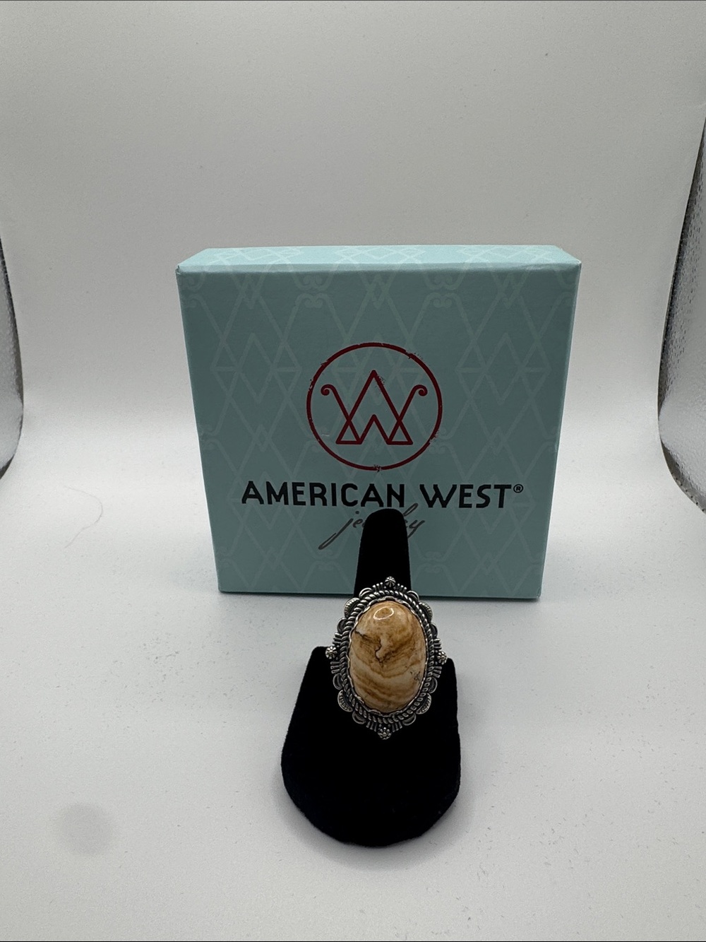 American West Silver-Tone Ring with Beige Swirled Jasper Cabochon